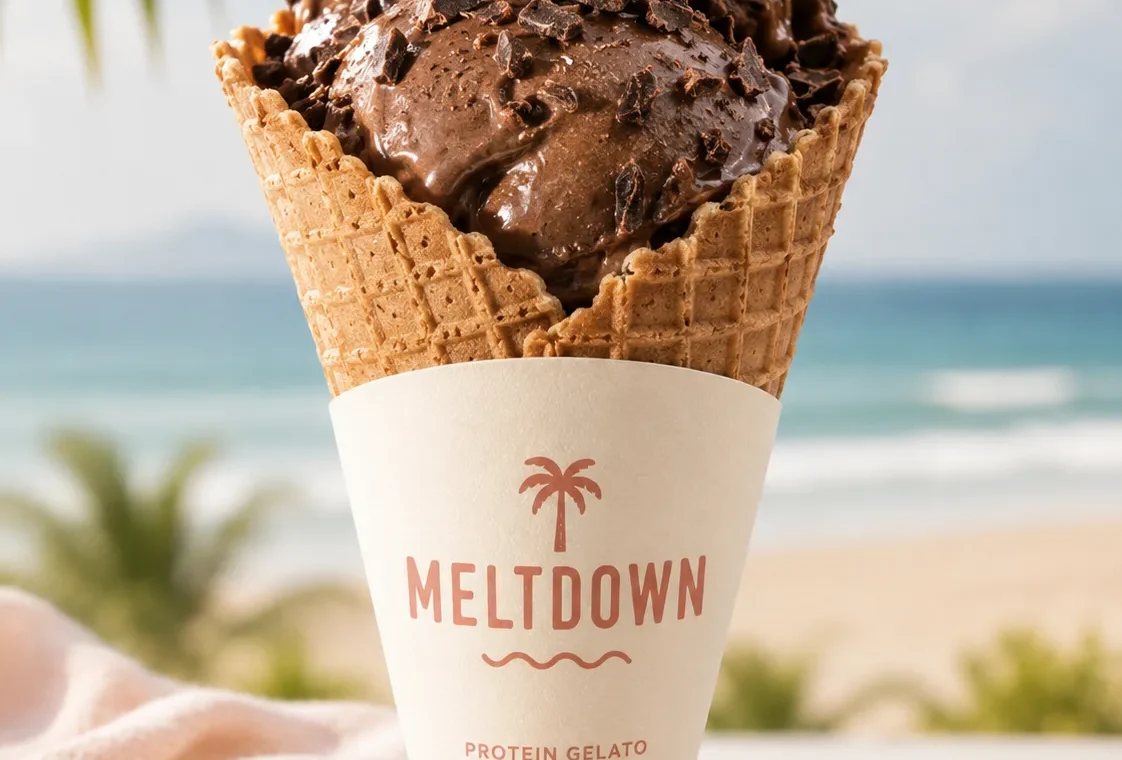 Double Chocolate proteinski gelato u MELTDOWN kornetu uz more