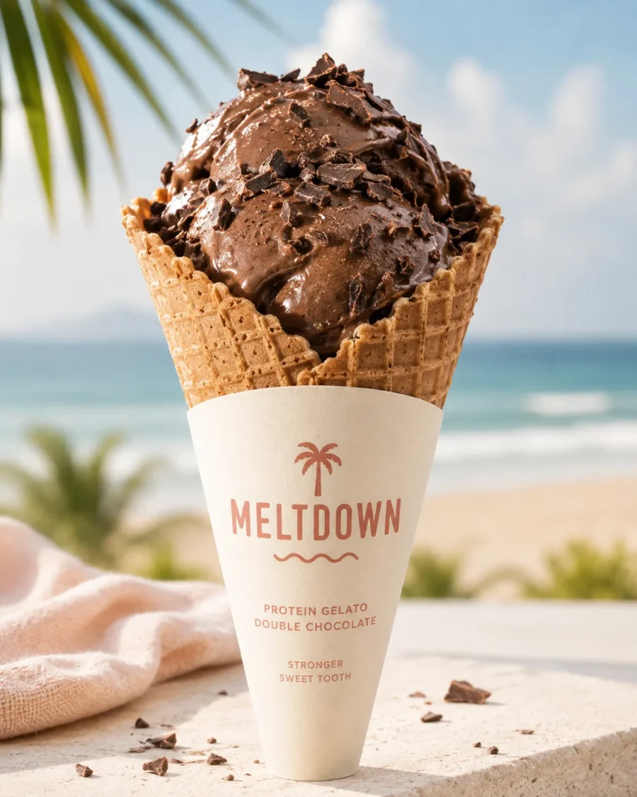 Double Chocolate proteinski gelato u MELTDOWN kornetu uz more