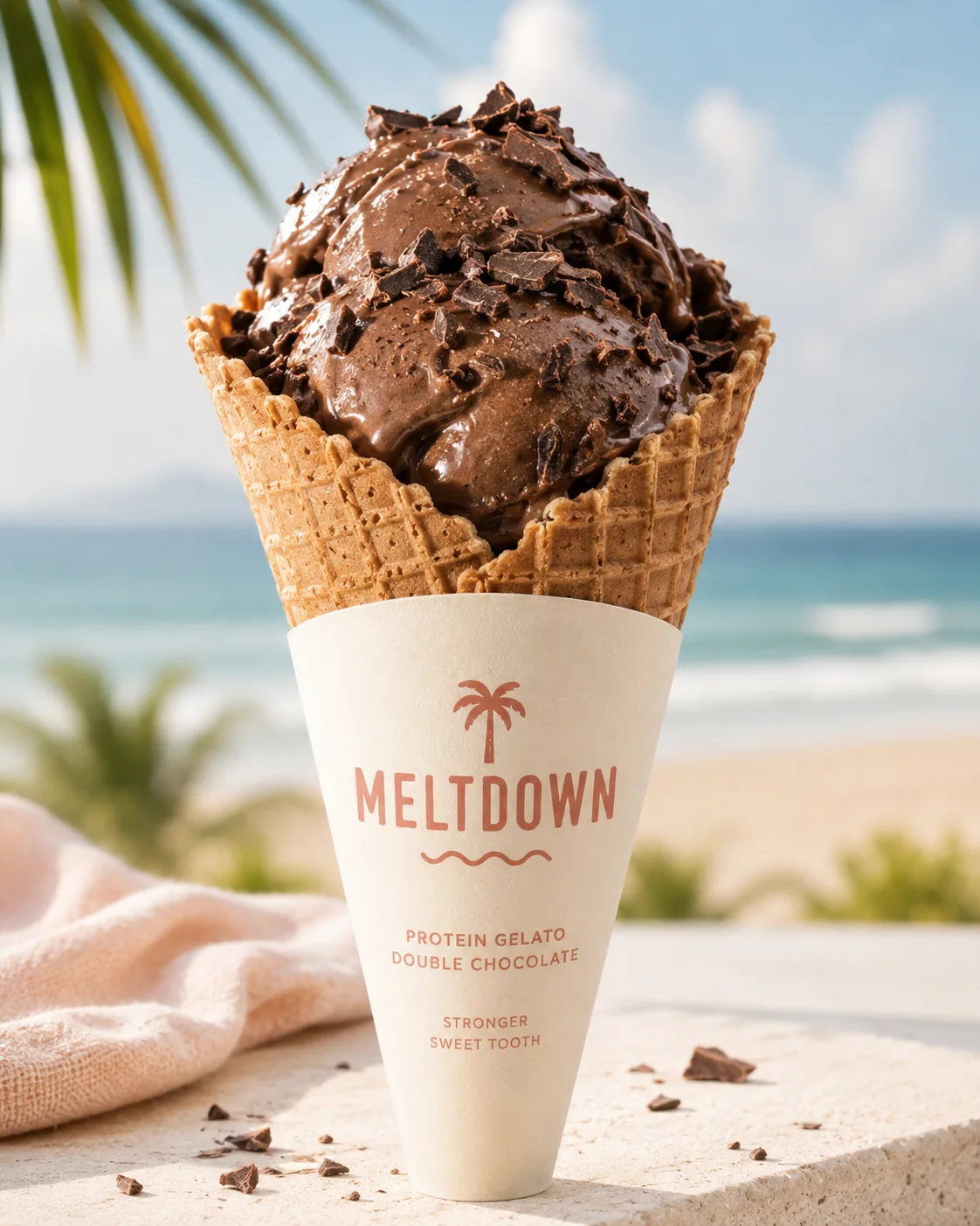 Double Chocolate proteinski gelato u MELTDOWN kornetu uz more
