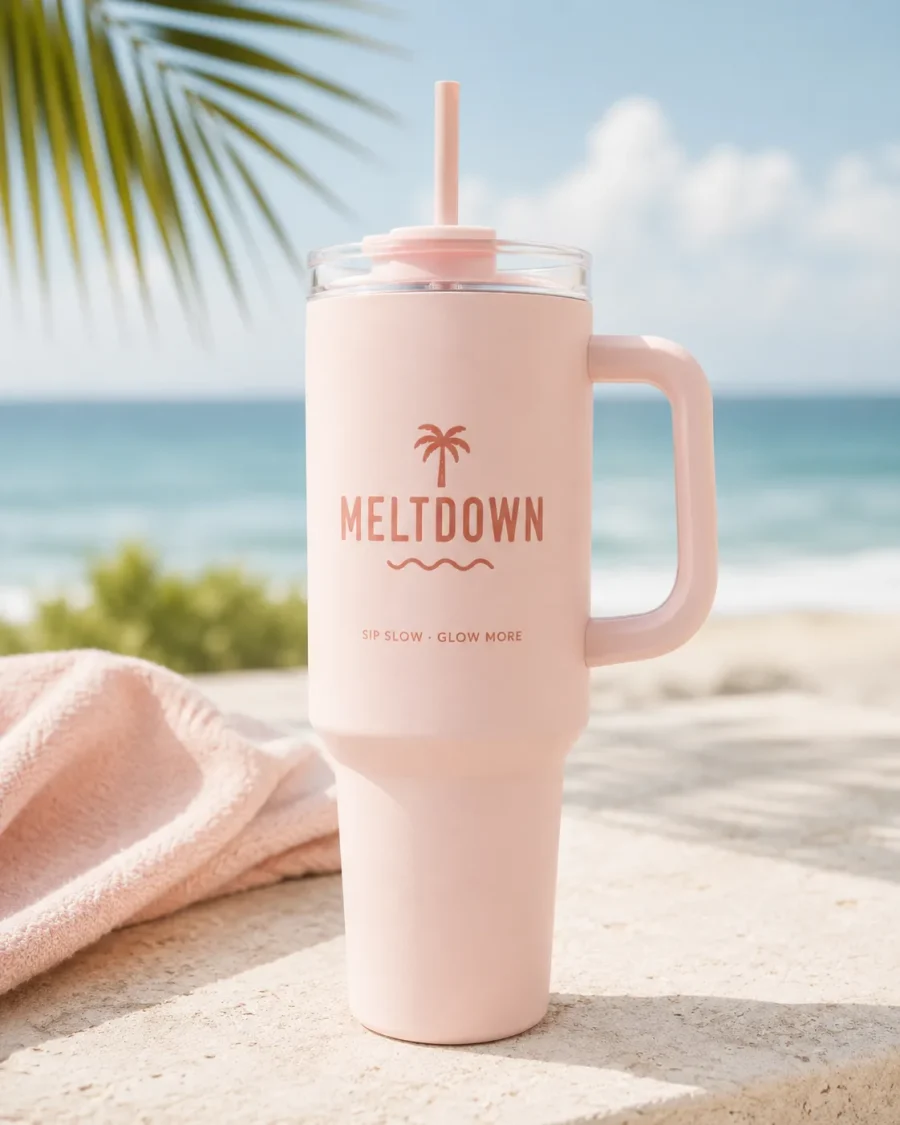 Ružičasti MELTDOWN termo tumbler uz more