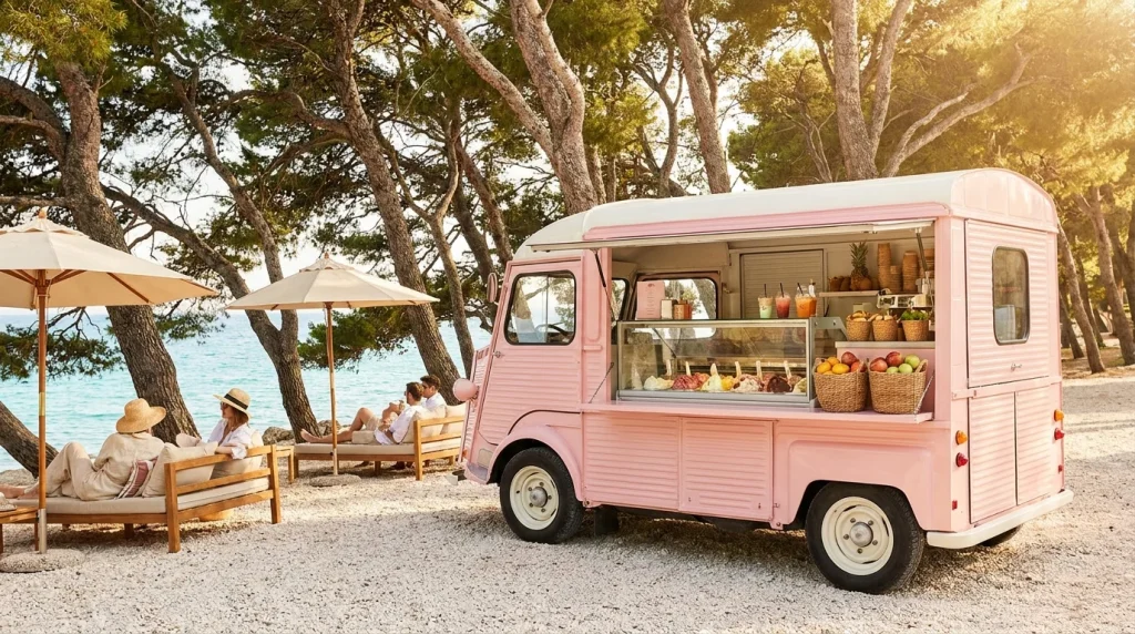 Ružičasti MELTDOWN food truck uz more